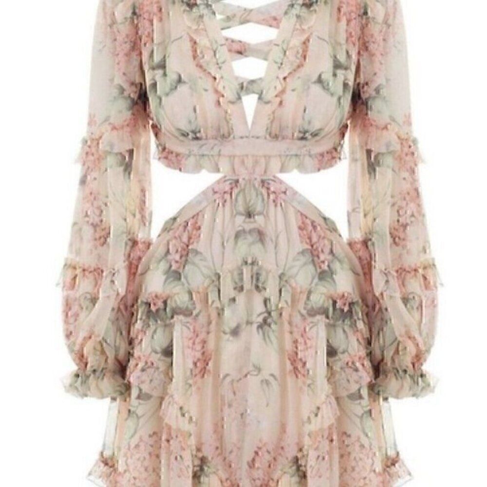 Pink Bohemian Spring Summer Lace up Back Floral Ruffle Backless Mini Dress XXL - Picture 5 of 16
